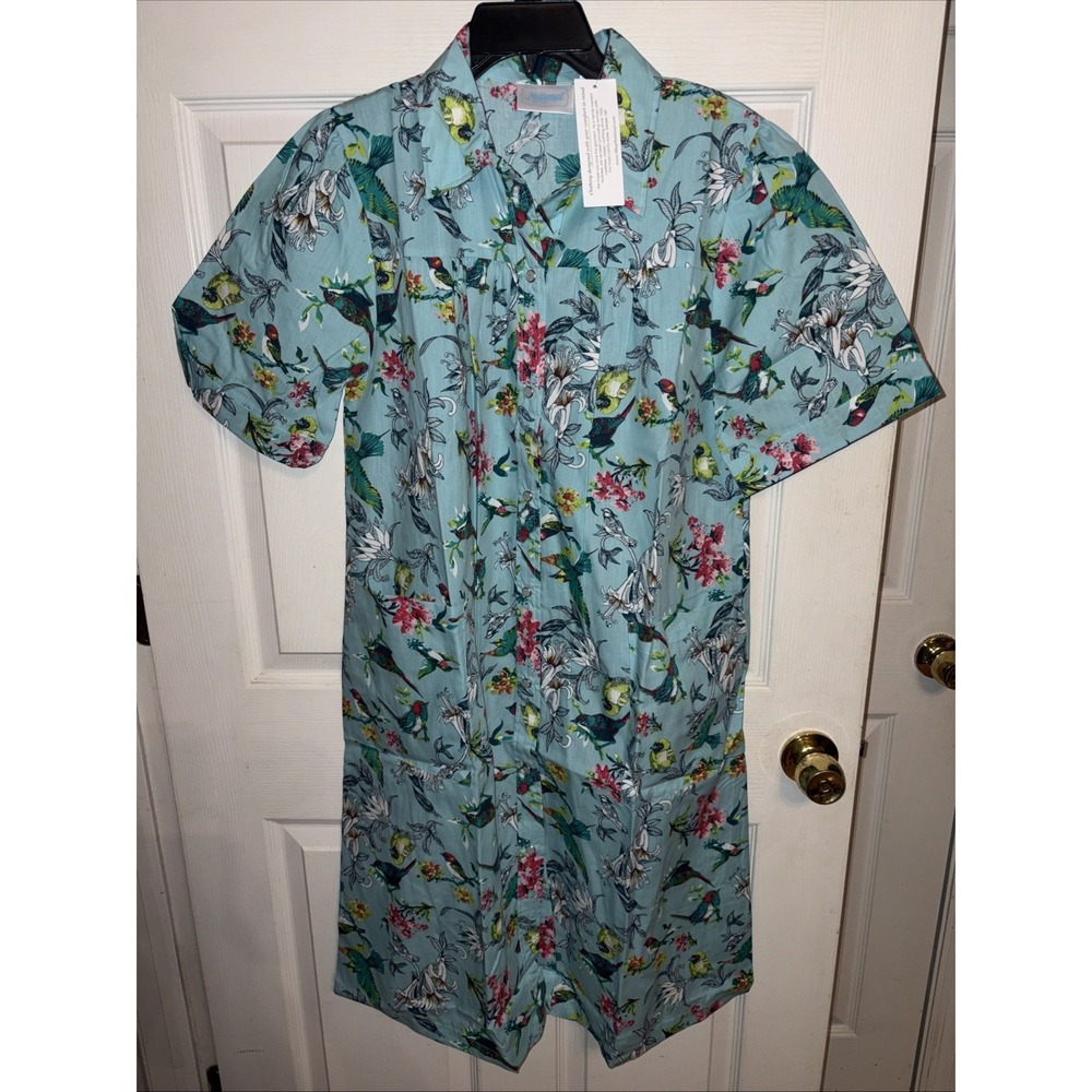 NWT National Sz S House Dress Bird Print Pearl Snap Blue Patio Muumuu Pockets